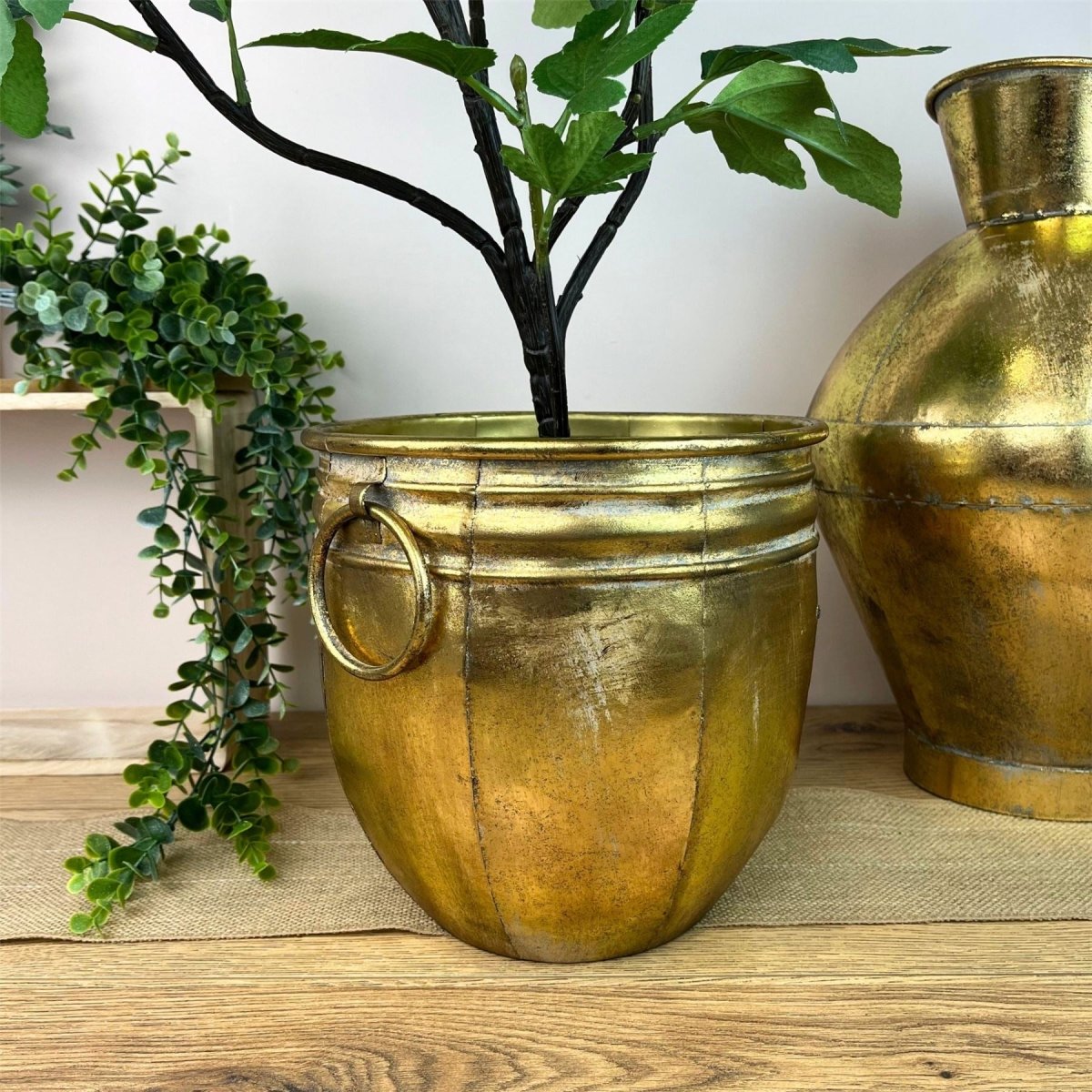 Antik guld metal planter | Dekorativ Cauldron -plantepotte med håndtag - 24 cm - Image 2
