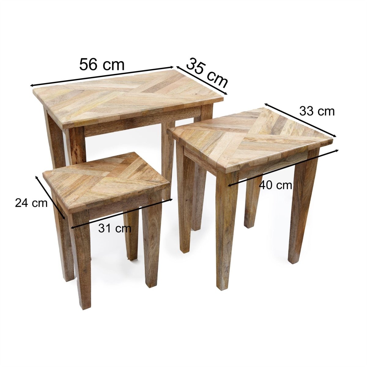 Sæt med 3 marquet træ hekkeborde | 3 Vintage stil Parkets sideborde - Image 3
