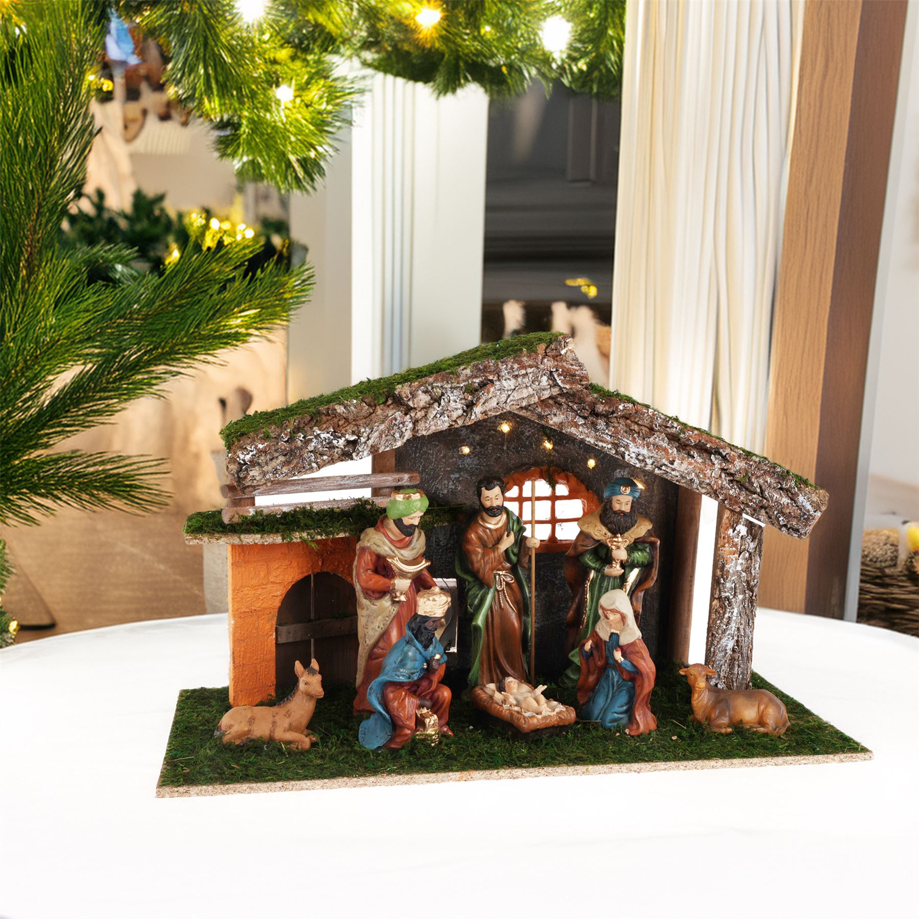 Led traditionel julemodtagssæt & 8 detaljerede figurer stabil krybbe scene Mode - Image 2